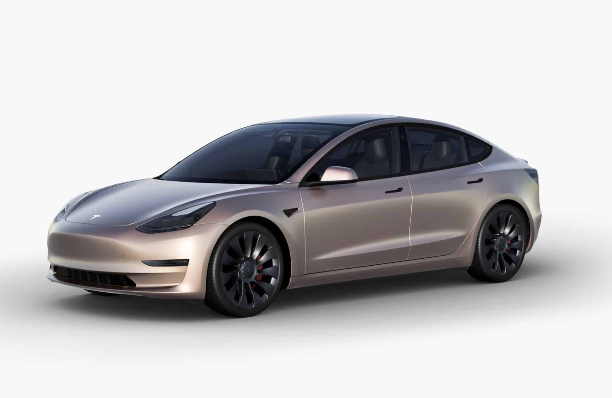 Tesla Model 3 in Satin Rose Gold Factory Wrap.