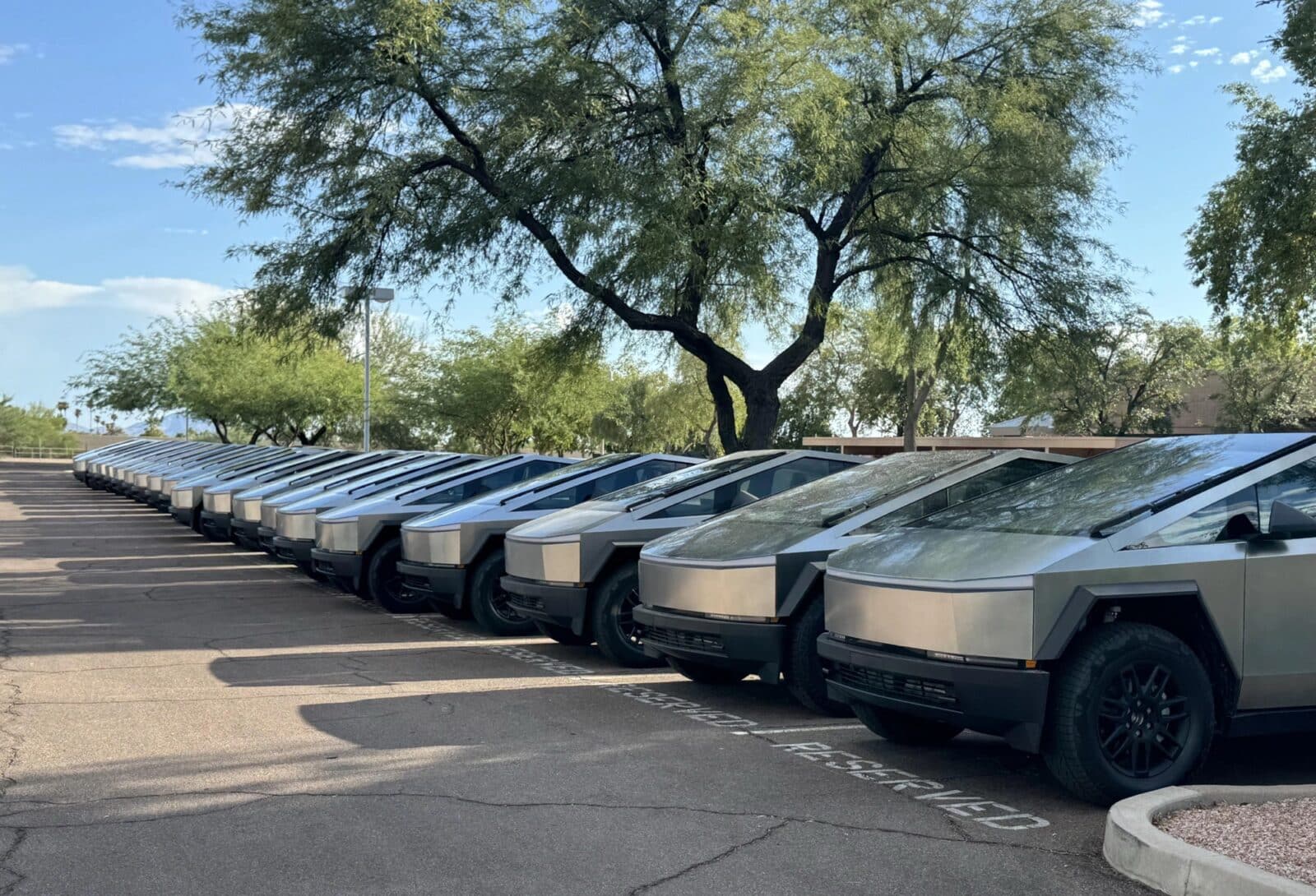 Tesla Cybertrucks lined up. Photo courtesy of Sawyer Merritt / X.