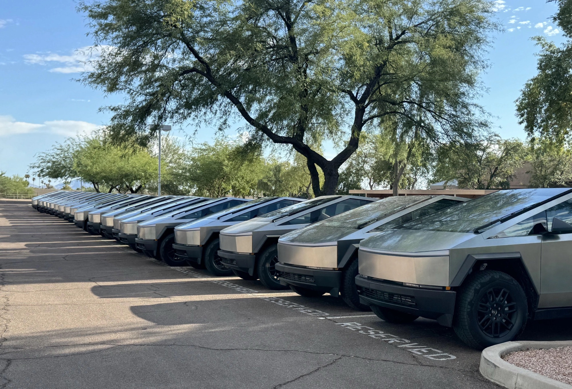 Tesla Cybertrucks lined up. Photo courtesy of Sawyer Merritt / X.