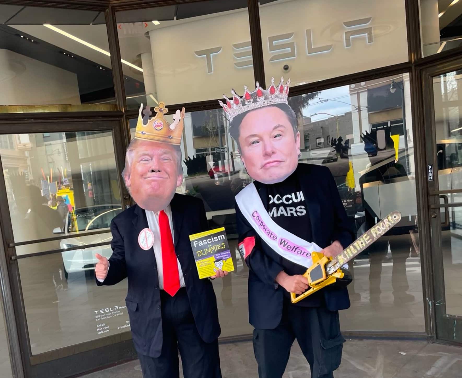 Demonstrators outside Tesla headquarters in San Francisco are demanding the removal of Elon Musk.