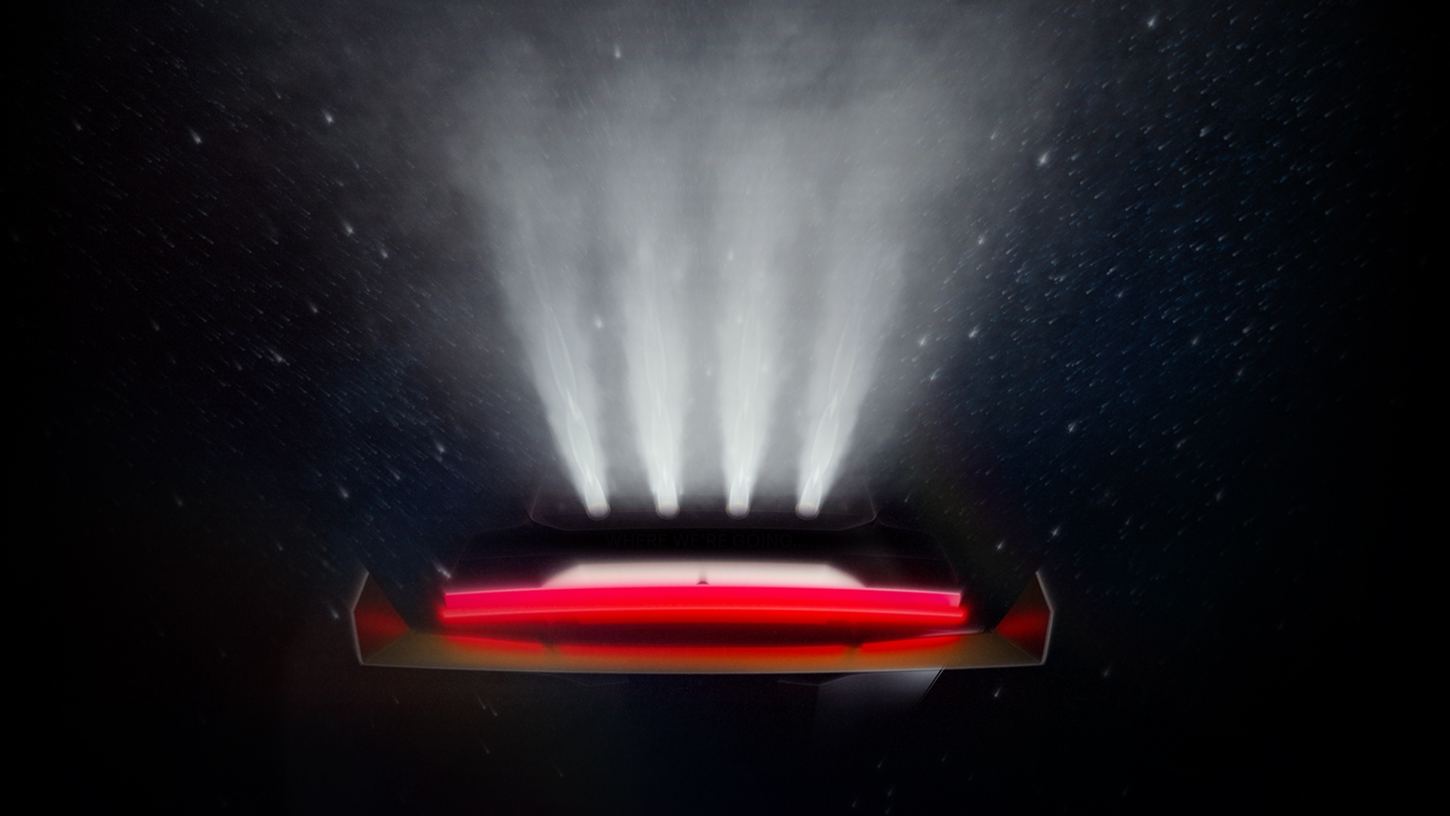Tesla teaser image showing the rear of the Roadster glowing red with four thruster plumes rising above it