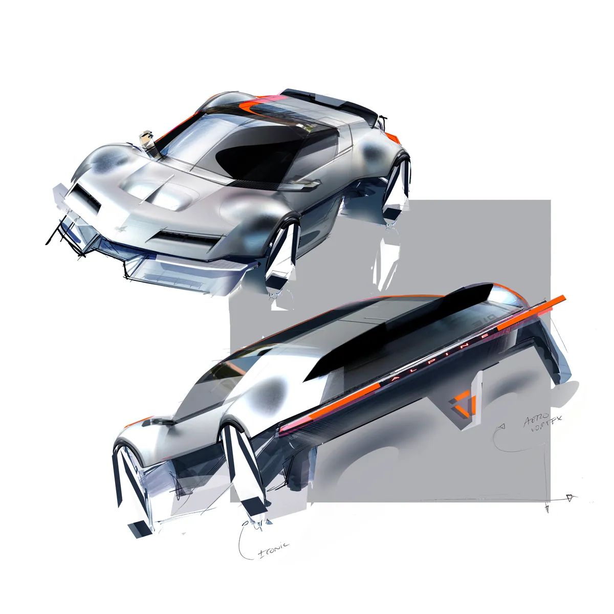 Two design sketches of the Alpine A310 VISION, one showing the front and hood, the other the rear wing and the Alpine light bar