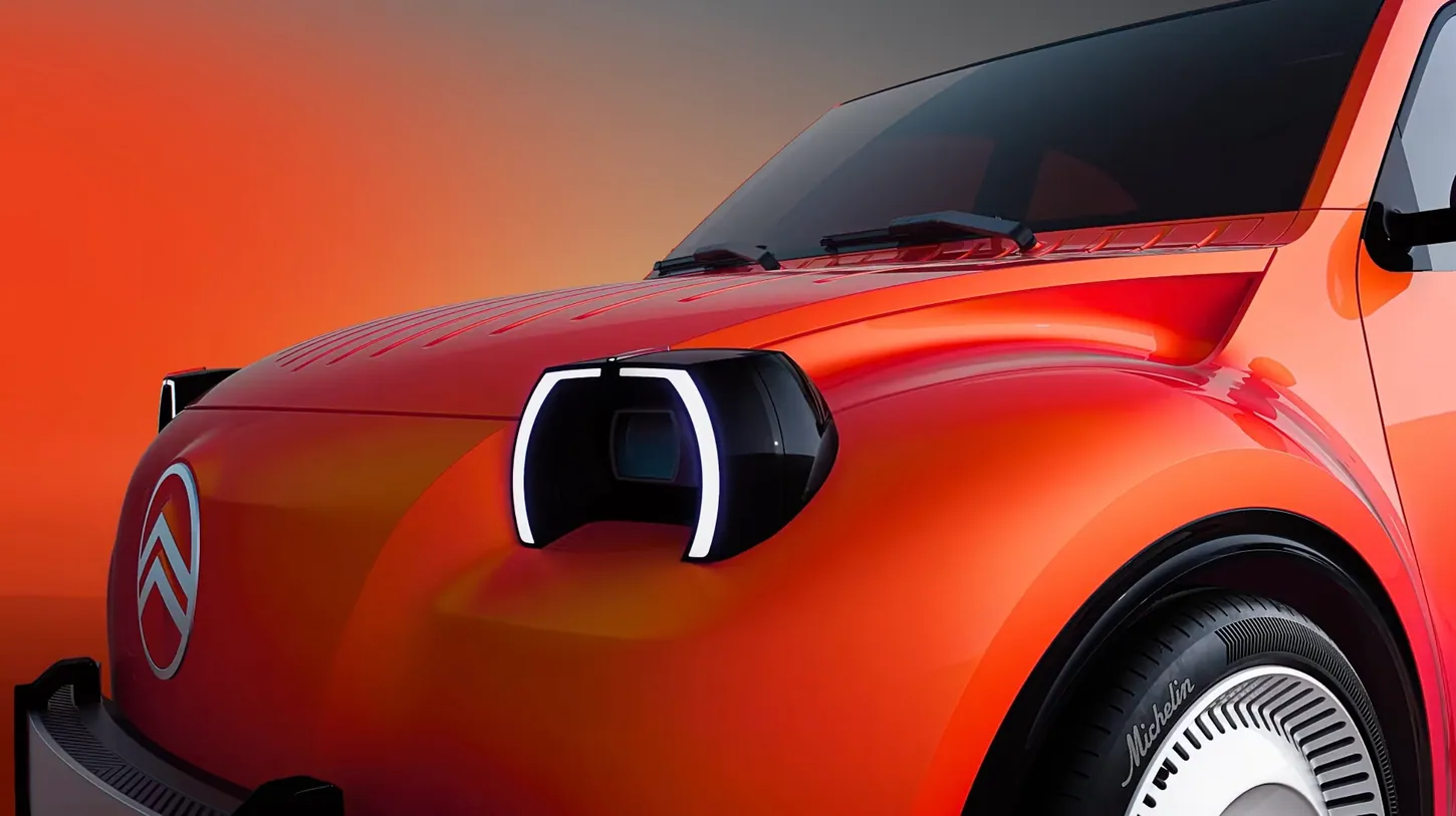 Close-up of the orange Citroën 2 CV Concept front end with a chrome chevron badge, a C-shaped LED headlight and a white Michelin wheel