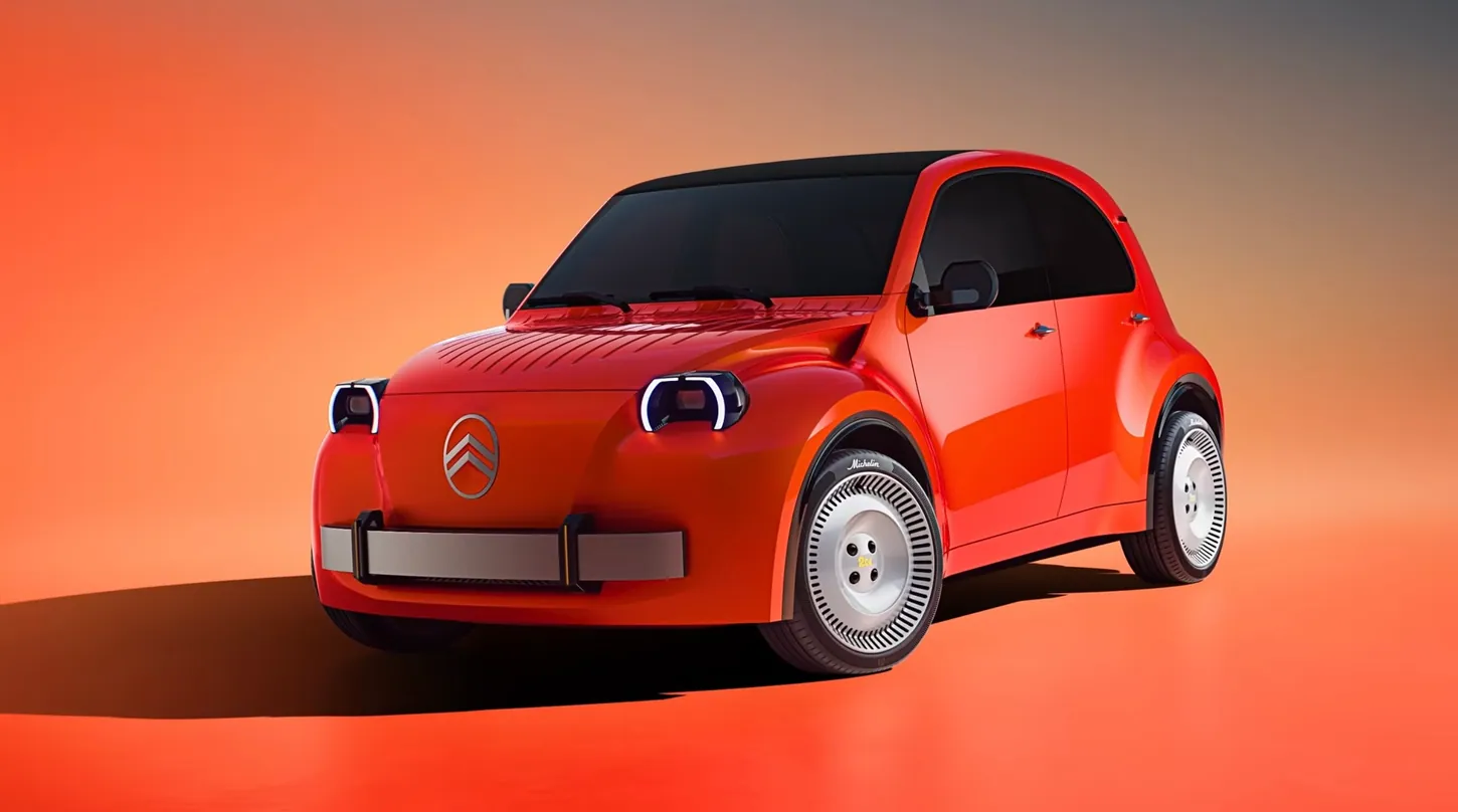 Orange Citroën 2 CV Concept electric hatchback with a black roof, round headlights and white disc wheels on an orange studio background