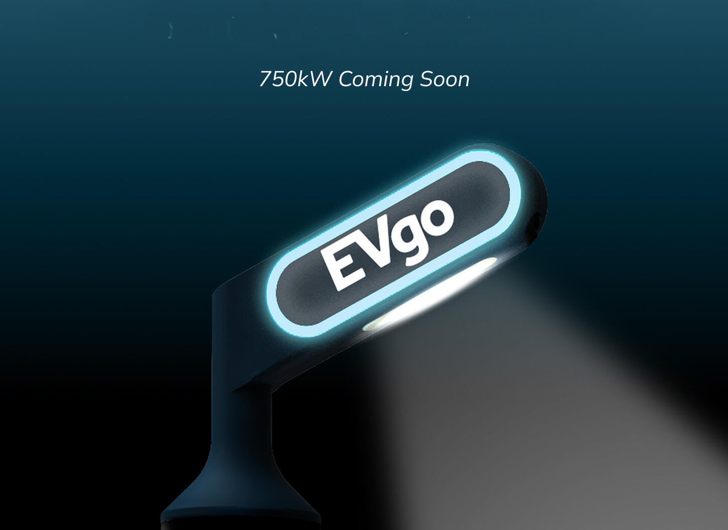 Teaser render of a dark EVgo charger head with a glowing EVgo badge and the words 750kW Coming Soon