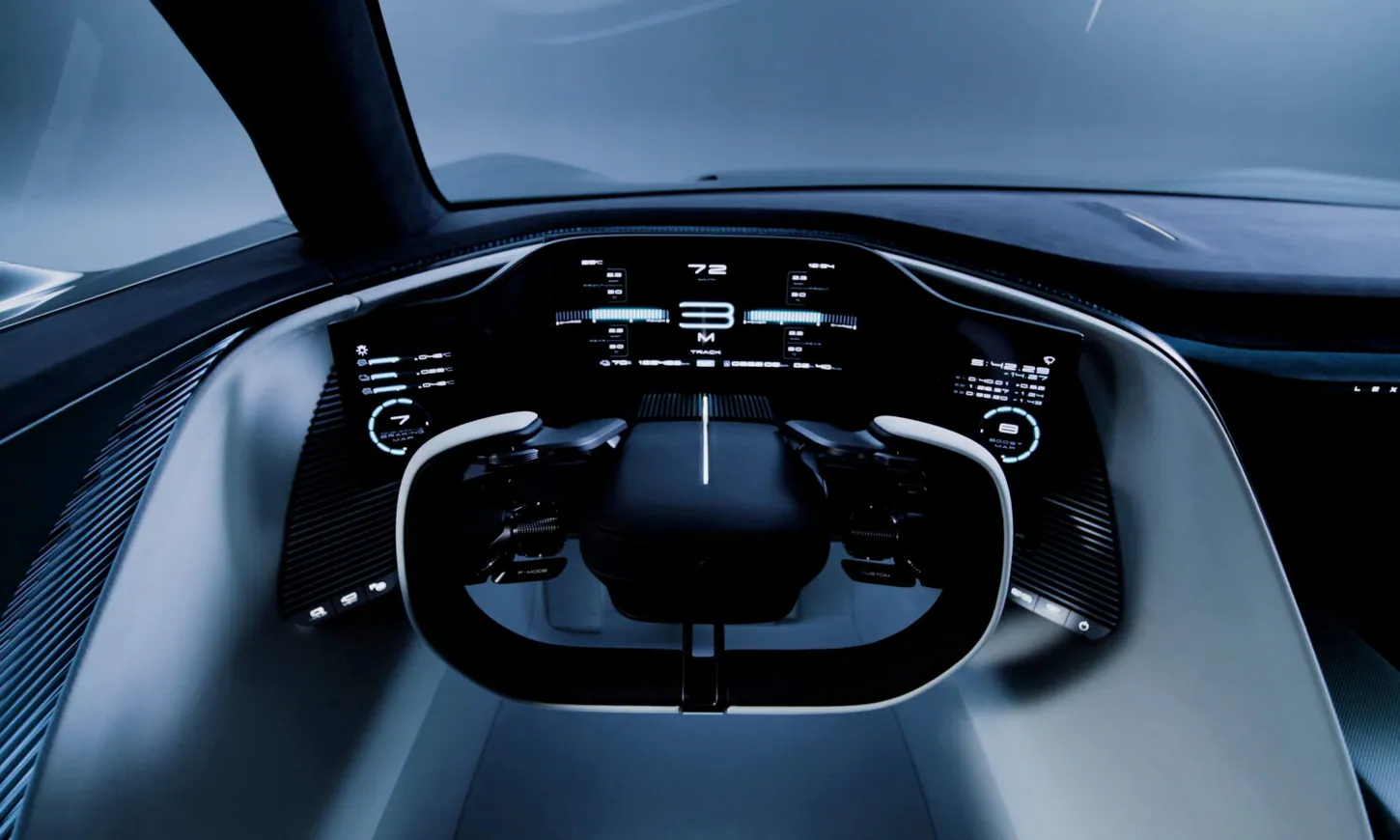 Lexus LFA Concept cockpit with a yoke-style steering wheel and a wraparound digital instrument display