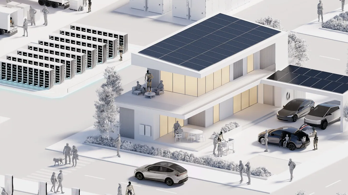 Illustrated white house with solar panels on the roof, Optimus robots on the terrace and Tesla vehicles parked under a solar carport