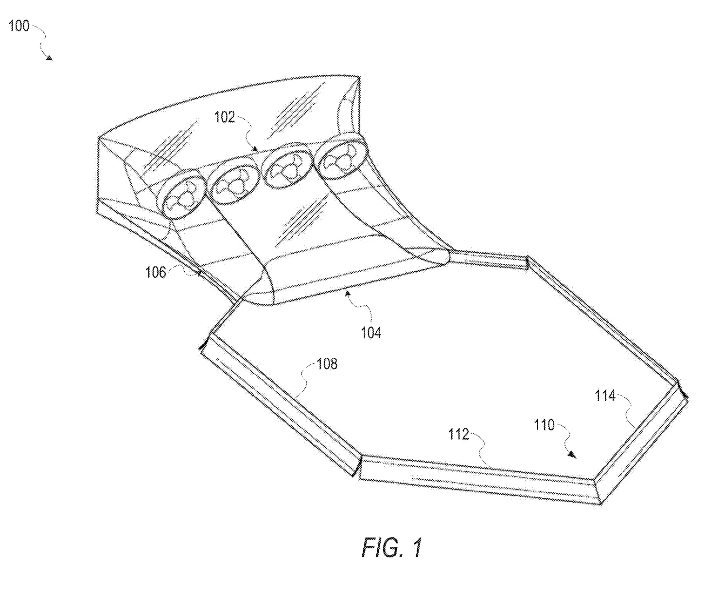 Patent line drawing of four fans in a row inside a curved rear duct, connected to a six-sided floor area outlined by skirt panels