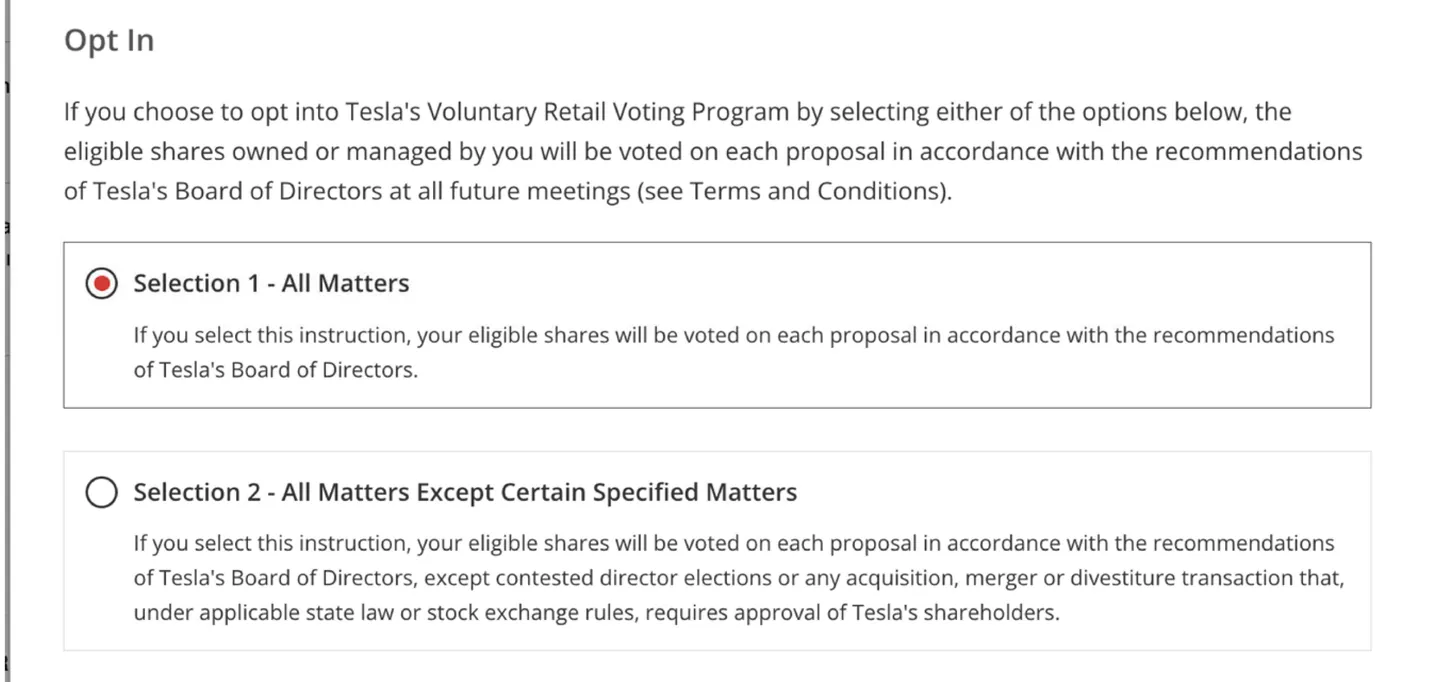 Tesla enrollment screen on ProxyVote with Selection 1, All Matters, selected and Selection 2, All Matters Except Certain Specified Matters, unselected