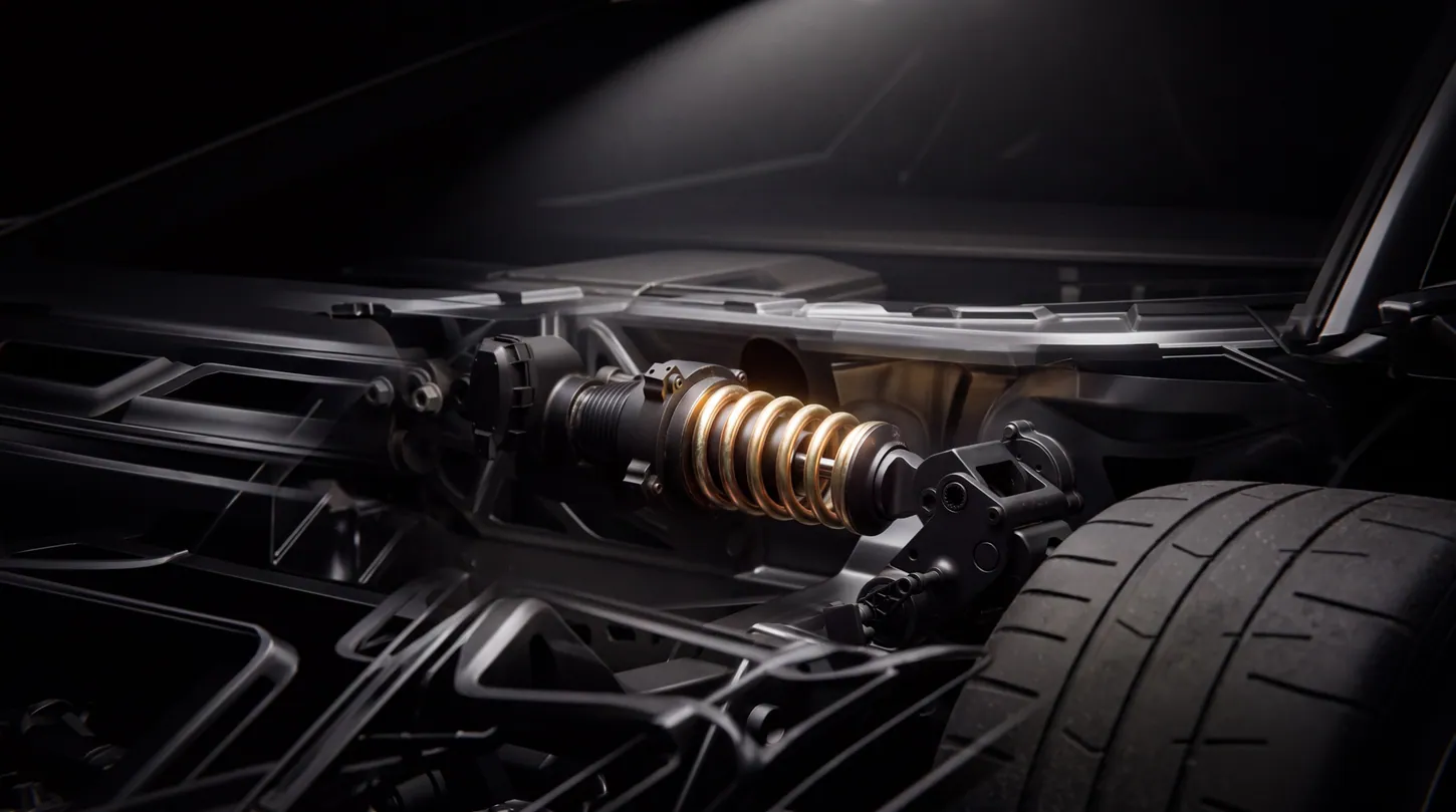 Tesla cutaway render of a Roadster suspension corner, showing a gold coil spring around an adaptive damper beside the tire