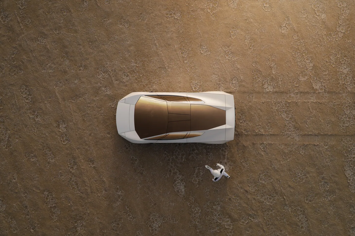 Overhead view of the white Tesla Roadster on a cracked dry lakebed, showing its gold-tinted glass roof panels, with a person in a white suit beside it