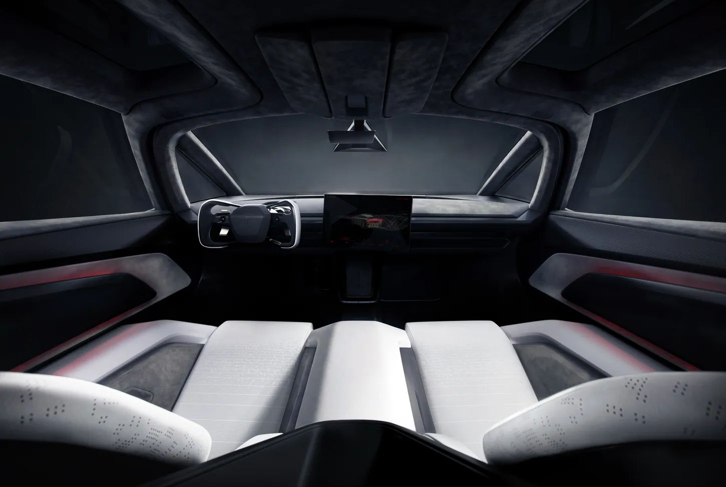 Tesla Roadster cabin seen from behind two white seats, looking toward a yoke, a dash-mounted touchscreen and a gray microsuede headliner