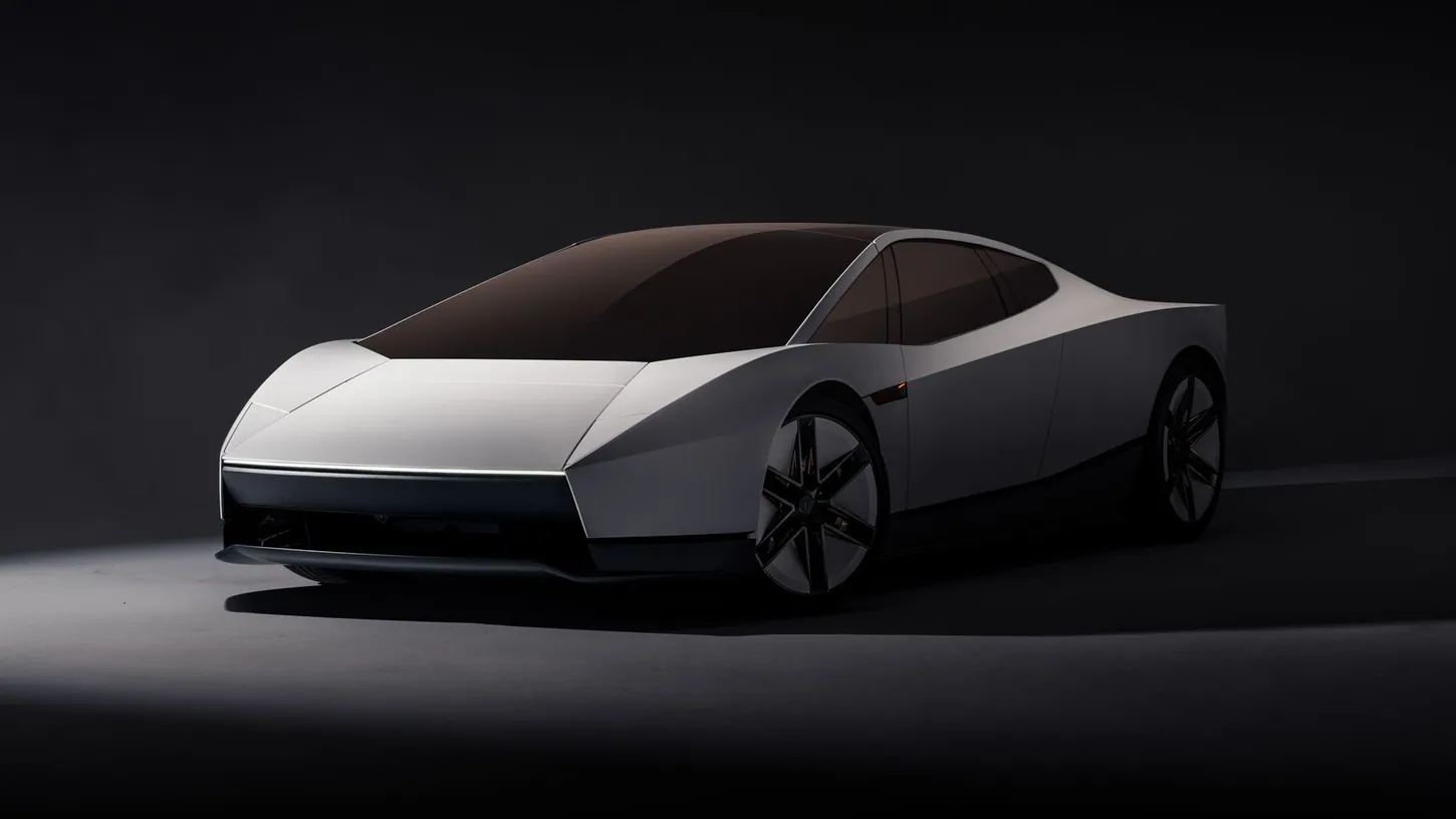 White Tesla Roadster from the front three-quarter in a dark studio, with a thin light bar across the nose and a dark tinted glass canopy