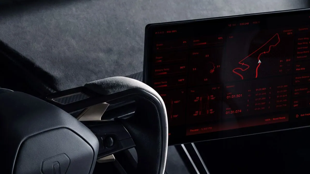 Tesla Roadster yoke and red track-mode screen showing lap times, tire data and a bottom bar reading Thruster 5,500 PSI