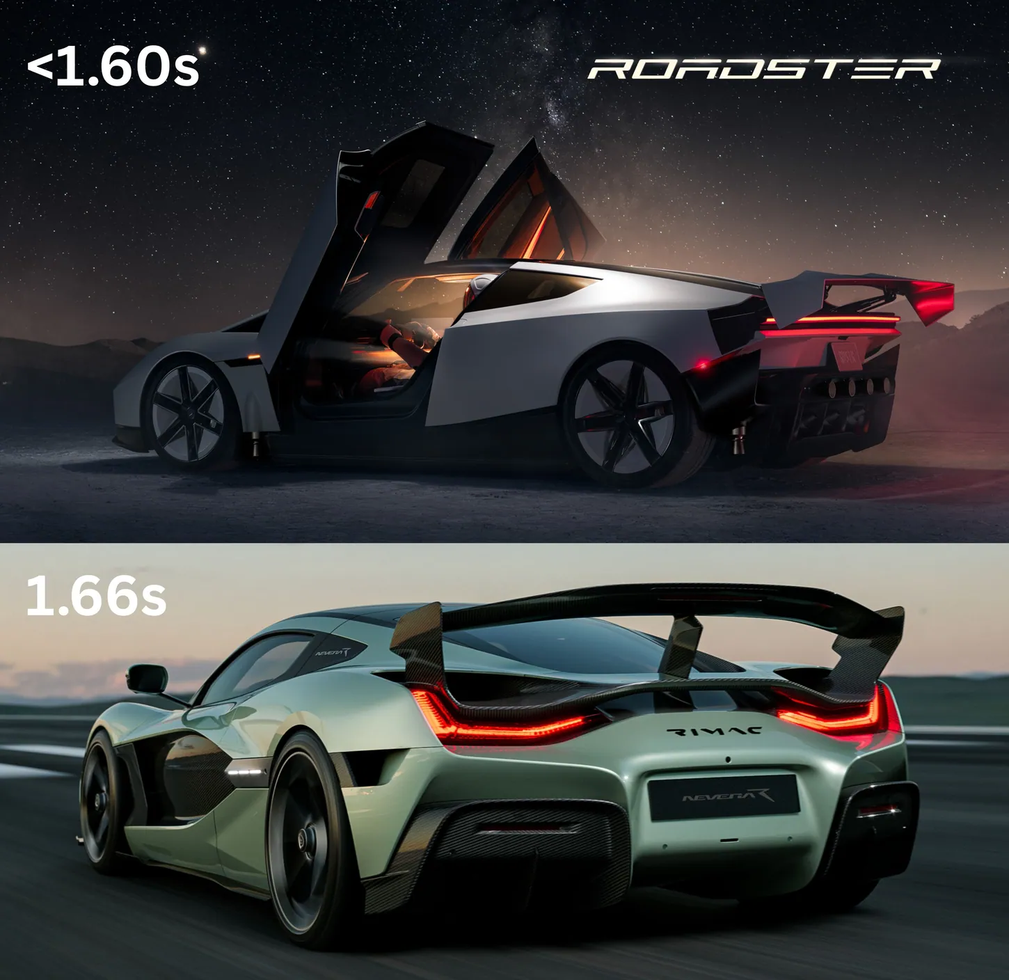 Comparison graphic with the Tesla Roadster at night labeled under 1.60 seconds above a green Rimac Nevera R on a runway labeled 1.66 seconds